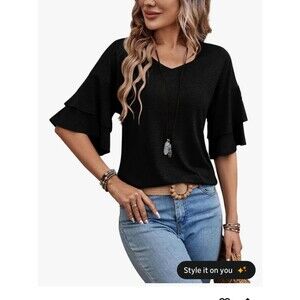 Black Ruffle Sleeve V-Neck Top - Classic Women's Blouse